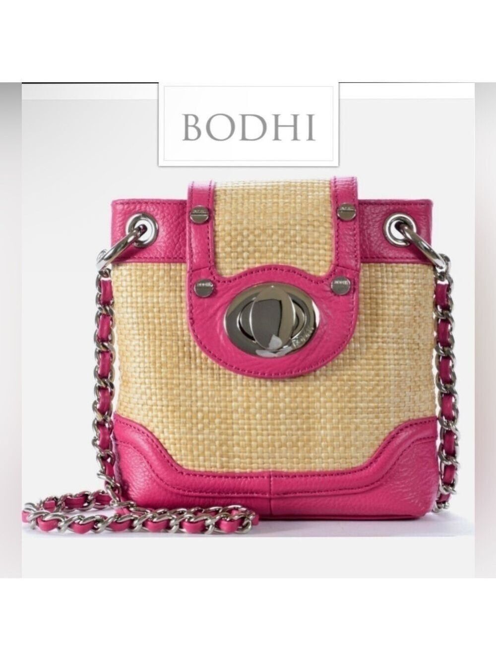 🔥RARE🔥 BODHI Designer Fuchsia Leather / Natural Straw Chain Strap SM Crossbody